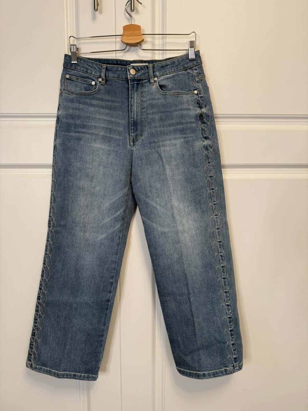 OAT New York Jeans Womens 10/30 Cropped Wide Leg Boho Chain Stitch Detail